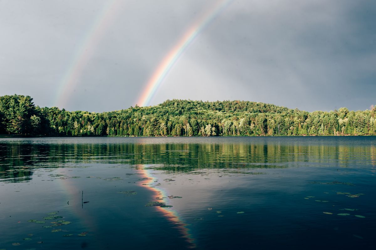A rainbow arcing over a forested lake, reflected in calm water